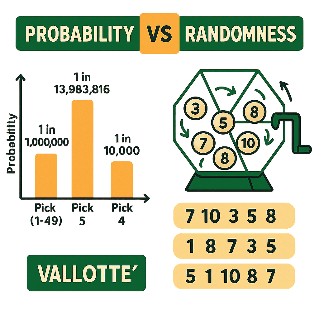Infographic comparing probability and randomness with examples and data for lotteries.